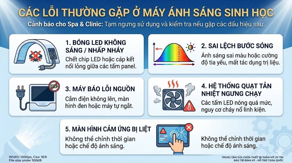 Các lỗi thường gặp ở máy ánh sáng sinh học như bóng LED không sáng và lỗi nguồn