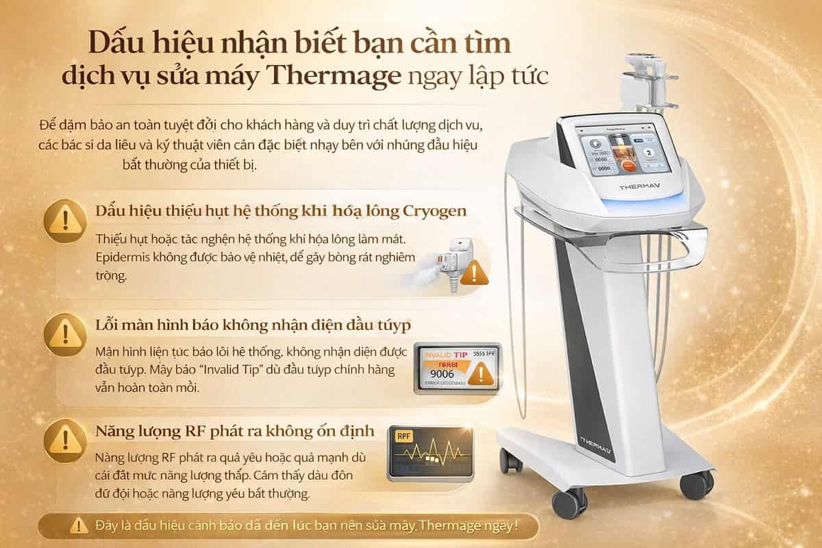 Infographic tổng hợp 5 dấu hiệu cần sửa máy Thermage ngay để tránh hỏng bo mạch công suất và đảm bảo an toàn nâng cơ trẻ hóa tại HPMED
