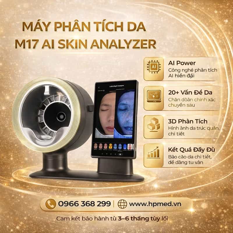 Máy phân tích da M17 công nghệ Smart Mirror AI hiển thị kết quả chẩn đoán sắc tố và cấu trúc da tầng sâu tại HPMED