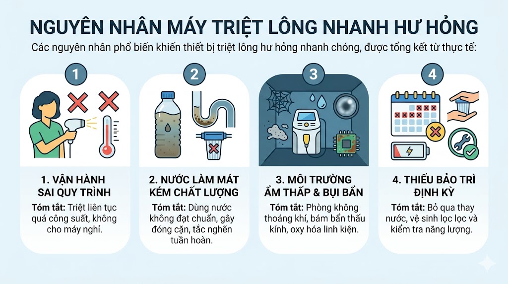 Infographic tóm tắt 4 nguyên nhân khiến máy triệt lông nhanh hỏng và xuống cấp