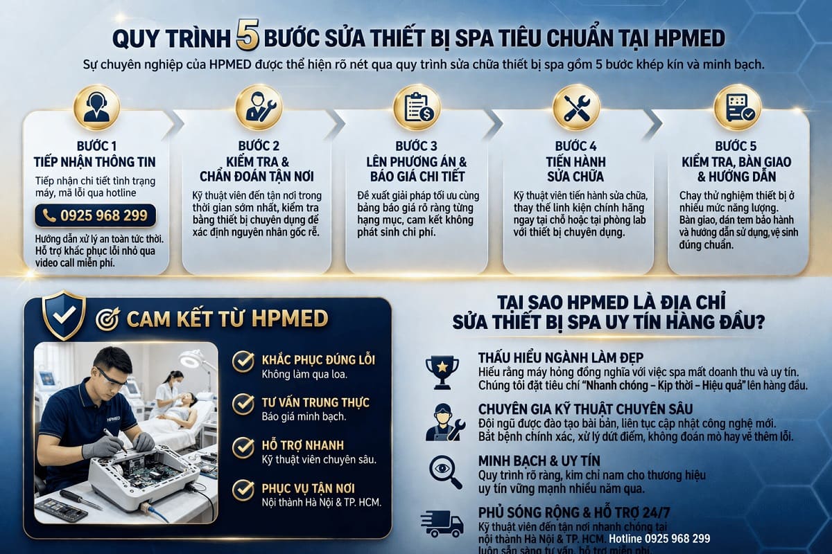 Sơ đồ quy trình 5 bước sửa chữa thiết bị spa minh bạch và chuyên nghiệp tại HPMED giúp khôi phục máy thẩm mỹ nhanh chóng