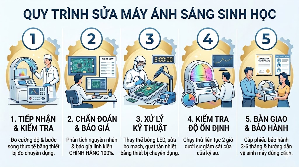 Sơ đồ quy trình sửa máy ánh sáng sinh học chuyên nghiệp và minh bạch tại HPMED