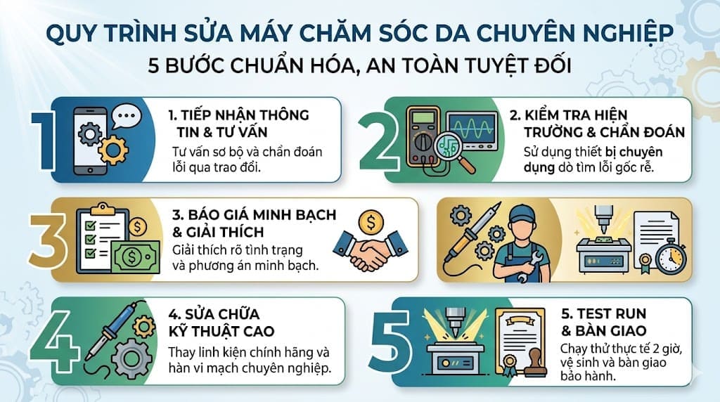 Sơ đồ quy trình sửa máy chăm sóc da chuyên nghiệp và minh bạch tại HPMED