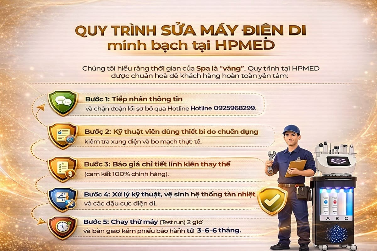 Sơ đồ quy trình 5 bước sửa chữa máy điện di tinh chất minh bạch và chuyên nghiệp tại HPMED