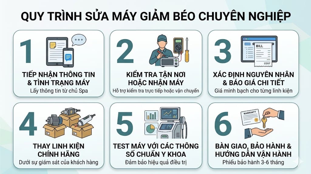 Sơ đồ quy trình 6 bước sửa chữa máy giảm béo công nghệ cao chuyên nghiệp tại HPMED