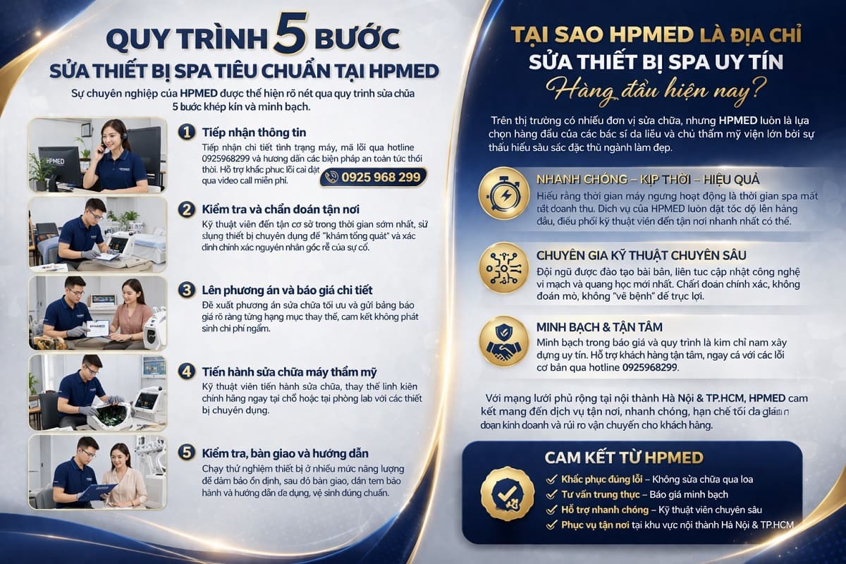 Sơ đồ quy trình sửa thiết bị spa minh bạch tại HPMED gồm 5 bước từ chẩn đoán đến bảo hành điện tử