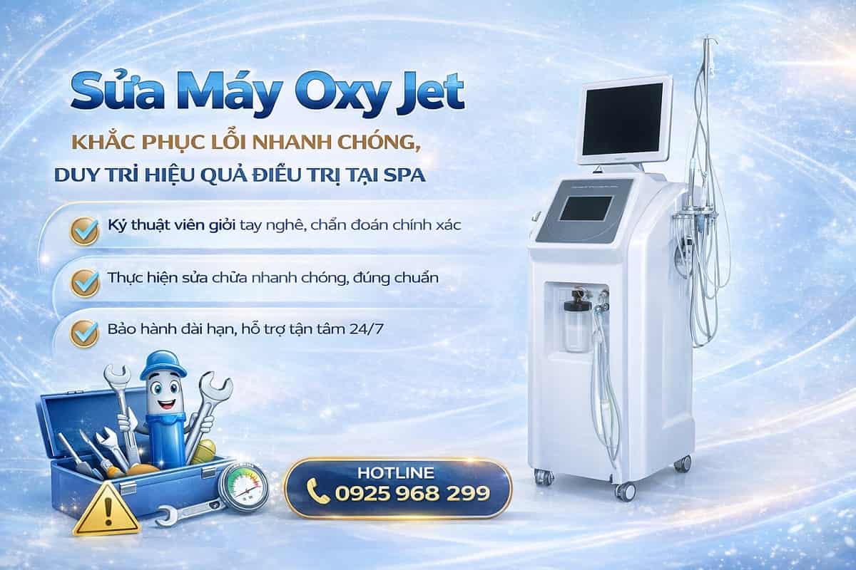 Kỹ thuật viên HPMED đang đo áp suất nén khí và thực hiện quy trình sửa máy Oxy Jet 6 in 1 chuyên dụng cho Spa